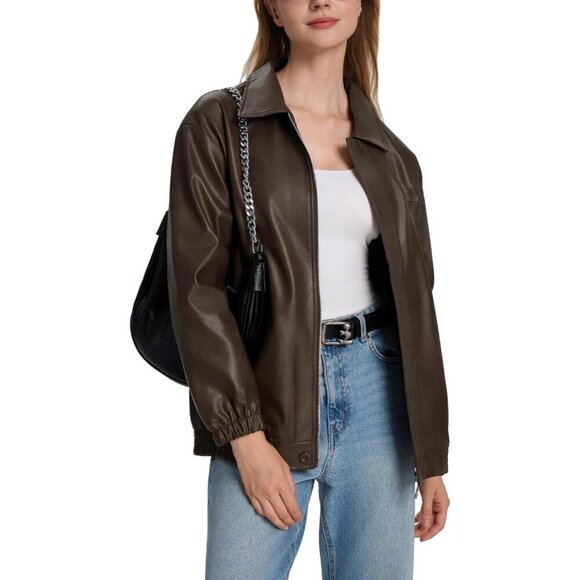 Jackets & Blazers - Women's Brown Faux Leather Zip-Up Jacket with Elastic Cuffs and Collar
